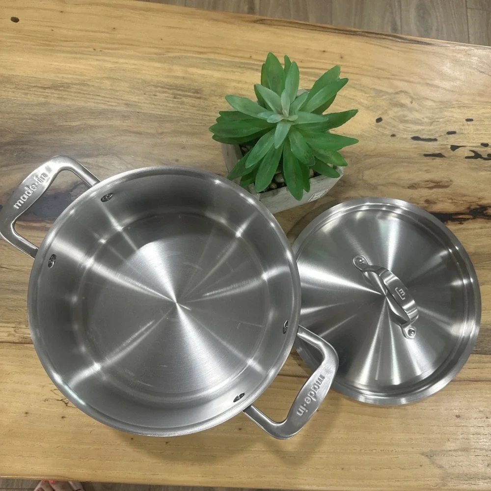Made in 6 Quart Stock Pot with Lid - All Brushed Stainless Steel 5-Ply Clad